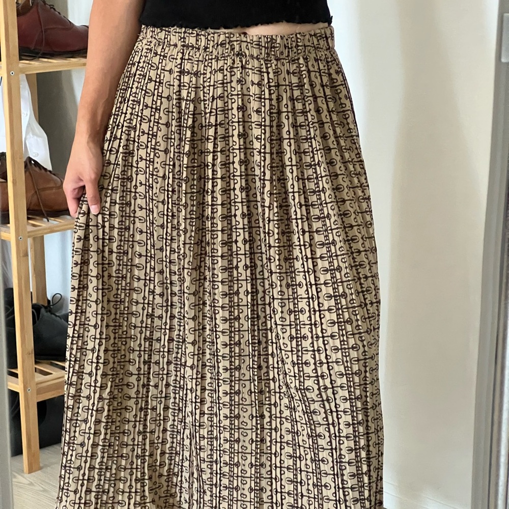 Pleated Beige Midi Skirt with Brown Pattern